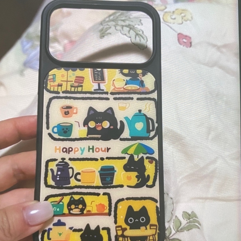 Cute Black Cat 'Happy Hour' Phone Case - Black